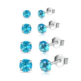 Shuxin Unisex Silver Stud Earrings, 925 Sterling Silver And Cubic Zirconia Stud Earrings, Small Sleepers, Cartilage Earrings With 5A Cubic Zirconia, 8 Different Colours, Sizes: 3, 4, 5, 6 mm, Set of 4 Pairs, Silver, Aquamarine Blue