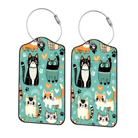 Luggage Tags for Suitcases, 2-Pack PU Leather for Cruise & Travel, Baggage ID Tags with Privacy Cover & Address Card, Durable Metal Ring, Kids Adults Travel Accessories, Cute Cat Print