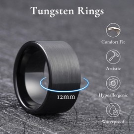 King Will 12mm Black Tungsten Wedding Rings for Men Pipe Cut Brushed Men's Wedding Band Gifts for Him Comfort Fit 11, Size 12