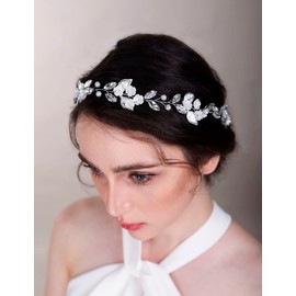 Chargances Wedding Bridal Flower Leaf Hair Vine Blue Pearl Crystal Headband Fashion Bride Rhinestone Hair Vine Wedding Prom Flower Girl Hair Accessories for Women and Girls (Blue)