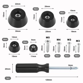 Knpwer Pack of 120 Rubber Feet for Chopping Boards, 5 Sizes, Soft Chopping Board, Rubber Feet with Stainless Steel Screws, Chopping Board Feet, Round Black Rubber Feet, Screwable Pads (5 Sizes, 120)