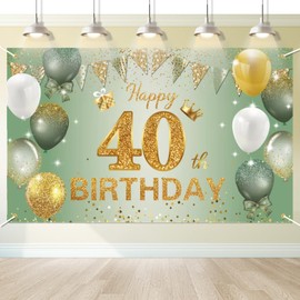 Moorle 40th Birthday Banner Decorations, Large Sage Green Gold Happy 40th Birthday Banner, 40th Birthday Backdrop Banner for Women Men, Shiny 40th Birthday Anniversary Photo Booth Background 180×110cm