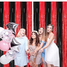 2 Pack Black and Red Foil Fringe Curtains Photo Booth Prop Tinsel Streamer Backdrops Birthday Party Supplies Graduation Xmas Holiday Party Decorations, 3.3 x 6.6 ft