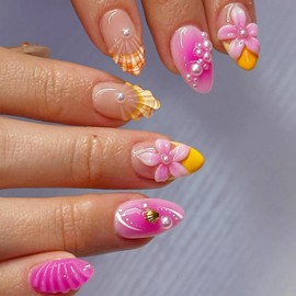 3D Press on Nails Almond Fake Nails Full Cover Medium Length French Tip Stcik on Nails with Shell Pearl designs Flower Acrylic Nails Yellow Pink Summer False Nails for Women Beach Manicure Art24pcs