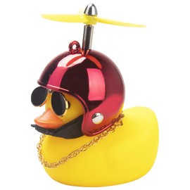 wonuu Rubber Duck Toy Car Ornaments Yellow Duck Car Dashboard Decorations Cool Glasses Duck with Propeller Helmet (Brilliant Red-Yellow)