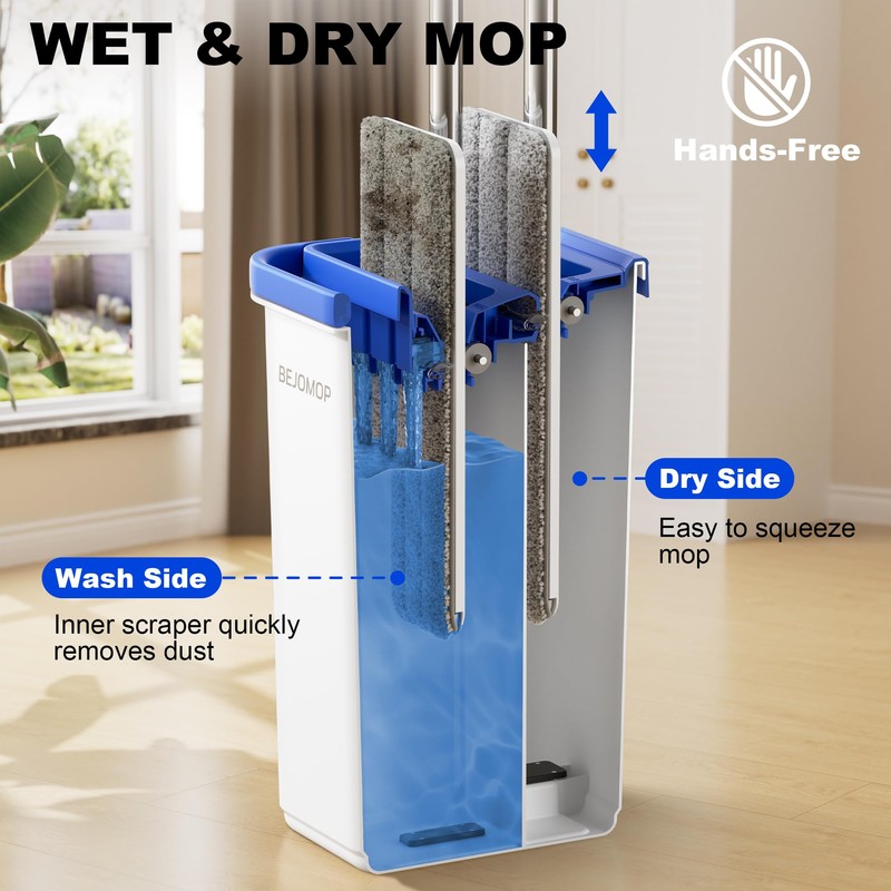 BEJOMOP Mop and Bucket Set with Wringer, Flat Squeeze Spin