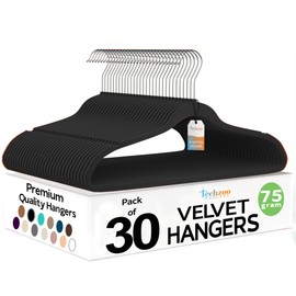 TechZoo Premium Black Velvet Hangers 30 Pack – Space Saving Felt Hanger, Non Slip Clothes Hangers for Closet, Heavy Duty Hanger for Coats, Shirts & Pants, 360° Swivel Hook, Hold Up to 10lbs