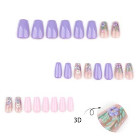 Hkanlre Medium Coffin Flower Press on Nails Purple Fake Nails Tips Full Cover 3D False Nails for Women 24PCS