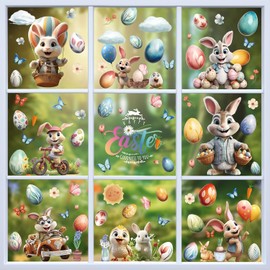 Hianjoo Pegatinas para Ventana del día de Pascua, 9 Hojas 87 pcs Conejos, Mariposa, Zanahoria, Flor, Huevo de Pascua, Happy Easter Pegatinas de Vidrio para Decoración de Pascua