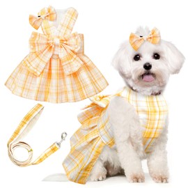 PETCARE Cute Dog Dress Clothes for Small Dogs Cats Girl Female Yellow Plaid Bow Tie Dog Harness Dresses Leash Set with Pearls Bow Accessories Birthday Puppy Dress Shih Tzu Yorkies Chihuahua Outfits