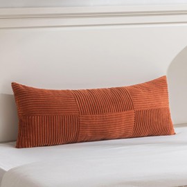 Fancy Homi Set of 1 Burnt Orange Boho Long Lumbar Body Decorative Throw Pillow Cover 14x36 Inch for Bed Couch Bedroom Bench, Soft Patchwork Corduroy Textured Pillow Case, Rustic Farmhouse Room Decor