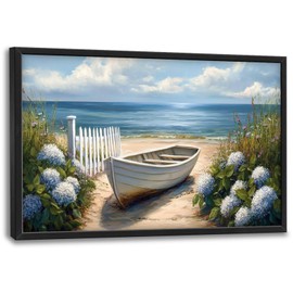 Large Blue Beach Wall Art, Oversized Ocean Hydrangea Pictures Wall Decor, Coastal Boat Canvas Prints Painting, Extra Nautical Framed Artwork for Living Room Bedroom Office Bathroom Corridor 36"x 24"