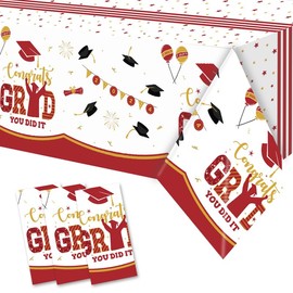 Tyzarglef 3 Pack Graduation Tablecloths Class of 2024, Red and Gold Plastic Tablecloths for Graduation Party Decorations, 54"x108" Waterproof Congrats Grad Party Supplies