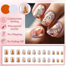24Pcs Flower Press on Nails Square, Spring Summer Ginkgo Blossom False Nails Short, Floral Glossy Reusable Full Cover Acrylic Glue on Nails for Women and Girls Manicure Decoration