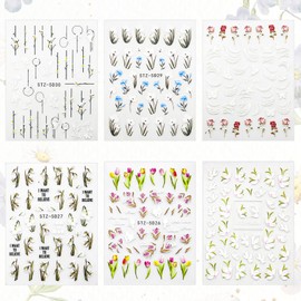 5D Embossed Flower Nail Stickers for Nail Art - 6PCS Self-Adhesive Nail Art Decals for Women & Girls, Floral Leaf Plant Plant Nail Decals, DIY Manicure Designs Nail Supplies