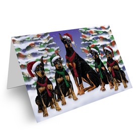 Christmas Family Portrait - Doberman Dog Greeting Cards - Pets Invitation Cards with Envelopes - Pet Artwork Greeting Cards for All Occasions (1 Greeting Card)