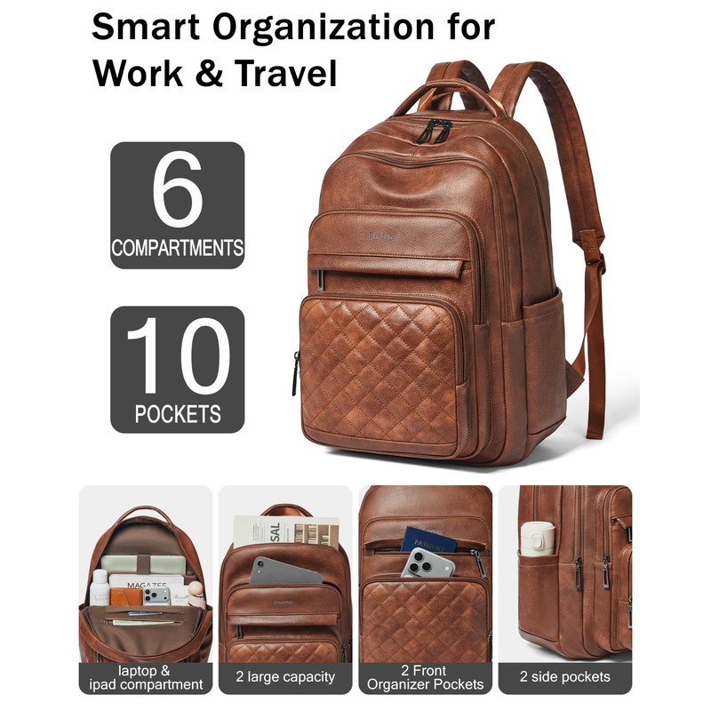 Bluome Work Backpack for Women Men, Laptop Vegan Leather Backpack