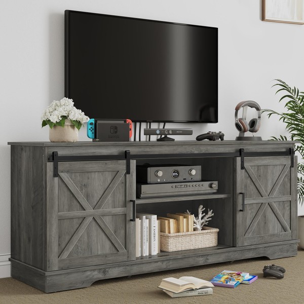 YITAHOME Farmhouse TV Stand for 65/60/ 55 Inch TV, Rustic Modern Entertainment Center with Sliding Barn Door, Wood TV Media Console Storage TV Cabinet for Living Room, Rustic Gray