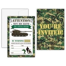 KFNER Army Birthday Invitations, Camo Birthday Party Invitation Card, Military Birthday Party Favors & Celebration Supplies (20 Set of Invitations with Envelopes) -D11