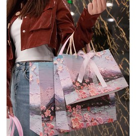 Wrapping Bag, Handbag, Paper Bag, Gift Bag, Stylish, Gift Bag, 3D Dimensional, Visual Oil Painting, Cute Style, Birthday Packaging Bag (Mx3, Snowy Mountain Cherry Blossoms)