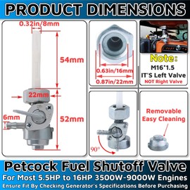 Zijipjy Generator Petcock Fuel Shutoff Valve M16x1.5mm，Gas Shut Off Valve Fuel Petcock for Predator Generator Parts Fuel Petcock Valve For 5.5HP-16HP 3500W-9000W Predator Generac Duromax Powermate