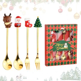 Volumoon Christmas Tableware Set, 2 Pieces Christmas Spoons and 2 Pieces Christmas Forks Gold, with Gift Box, Stainless Steel Fork and Spoon Set, Christmas Cutlery Set (Christmas style-2)