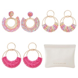 CRFASIBE 2 Pairs Boho Rattan Earrings for Women, Summer Straw Earrings, Round Stud Earrings, Beach Earrings Set with Gift Bag for Women Girls, Rattan, No Gemstone