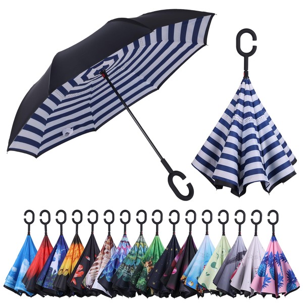 Wxjiahetai Inverted Reverse Umbrella with C-shaped Handle Windproof Upside Down