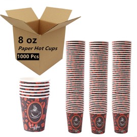 Tsyware 1000 Count 8oz Coffee Cups, Disposable Paper Hot Coffee Cups, for Hot Drinks and Tea (Coffee Bean Design) - Wholesale Lot