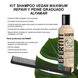 Shampoo vegano sin sal ni sulfatos con keratina y aceites naturales repara, hidrata y fortalece el cabello seco o dañado + Peine graduado ALFAMAR