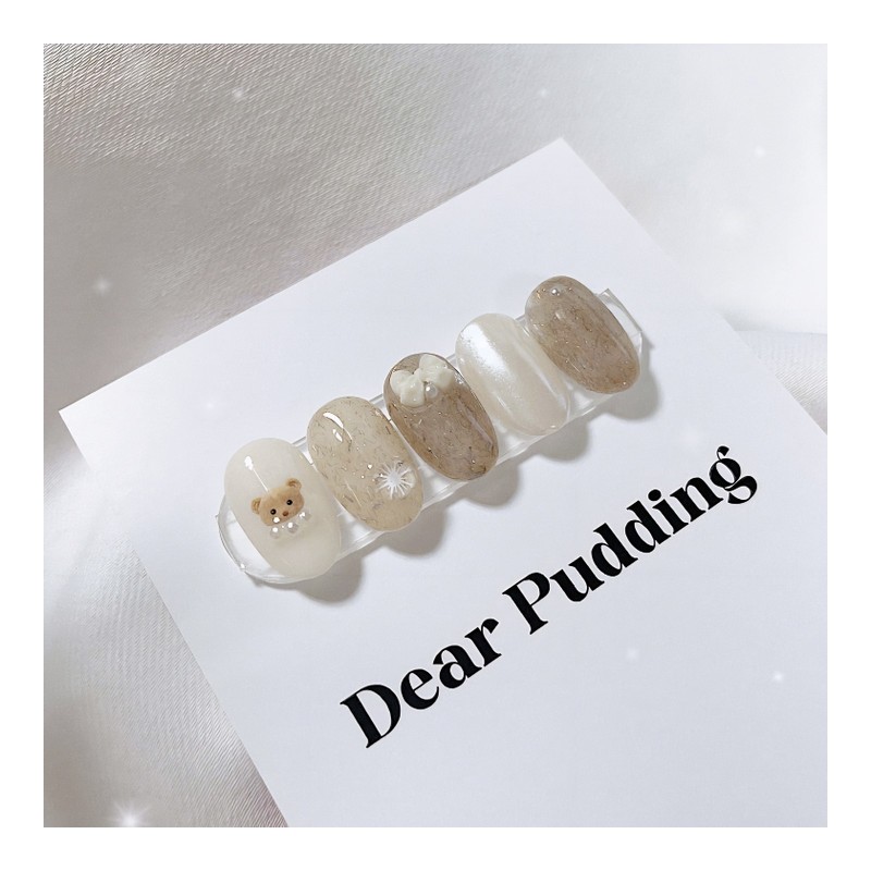[Handmade Nail Tips] Latte Bear Nails - Petit Coffin /