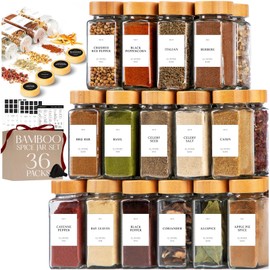 FINESSY Glass Spice Jars with Label with Bamboo Lids 36 Pack Set, 4oz Empty Clear Glass Spice Bottles with Shaker Lids, Airtight Kitchen Seasoning Organizer Jars, Herb Seasoning Containers with Labels