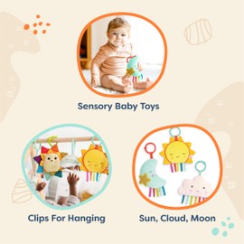 B. toys – 3 Sensory & Crinkle Toys For Newborns, Infants – Ideal for Car Seat, Stroller, Crib – Sun, Cloud, Moon – 0+ Months – Crinkly Wonders