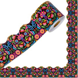 FYSUIMU 65.6 Ft Mexican Fiesta Floral Bulletin Board Border Colorful Flower Scalloped Die Cut Trim Cinco De Mayo Black Border Sticker Roll for Home Classroom Party Wall Decoration