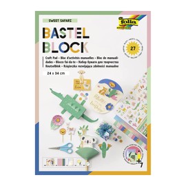 folia Sweet Safari 49101 Craft Pad with 27 Sheets of Craft Paper 24 x 34 cm with Printed Photo Cardboard, Coloured Paper, Iridescent Paper, Pre-Drawn Shapes and Stickers