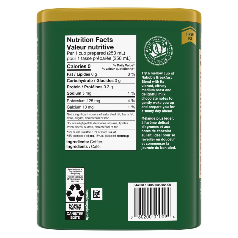 Nabob Medium Roast Breakfast Blend Ground Coffee, 340g Canister