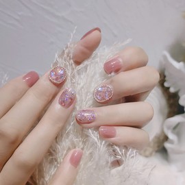 24pcs Nail Tips Pink Mortise Flash Rhinestone Chain Decoration Girly Nails