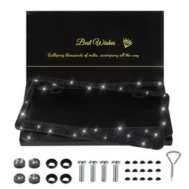 QUANQIUFEI 2 Pack Bling License Plate Frames for Women, Sparkly Rhinestone Diamond Car Accessories for Women, Handcrafted Stainless Steel Car License Plate Cover with Glitter Crystal Caps (Black)