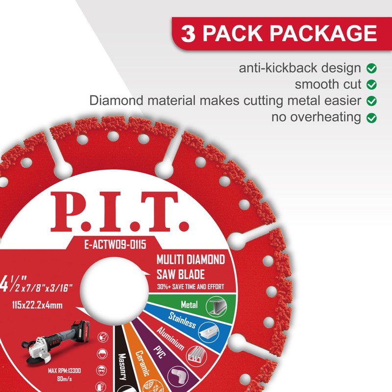 P.I.T. 3-Pack 4-1/2" Vacuum Brazed Diamond Cutting Disc, 7/8" Arbor