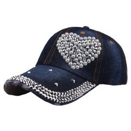 Gorra de béisbol brillante para mujer, diseño de corazón, ajustable, cómoda, a la moda, con diseño de calavera de metal brillante para exteriores, Azul oscuro, Talla única