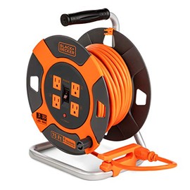 Black + Decker Retractable Extension Cord, 75 ft, with 4 Outlets - 14AWG SJTW Cable - Heavy-Duty Outdoor Power Cord Reel w/ Multi-Plug Extension, Easy Handle Rewind - Premium Cord Retractor for Garden