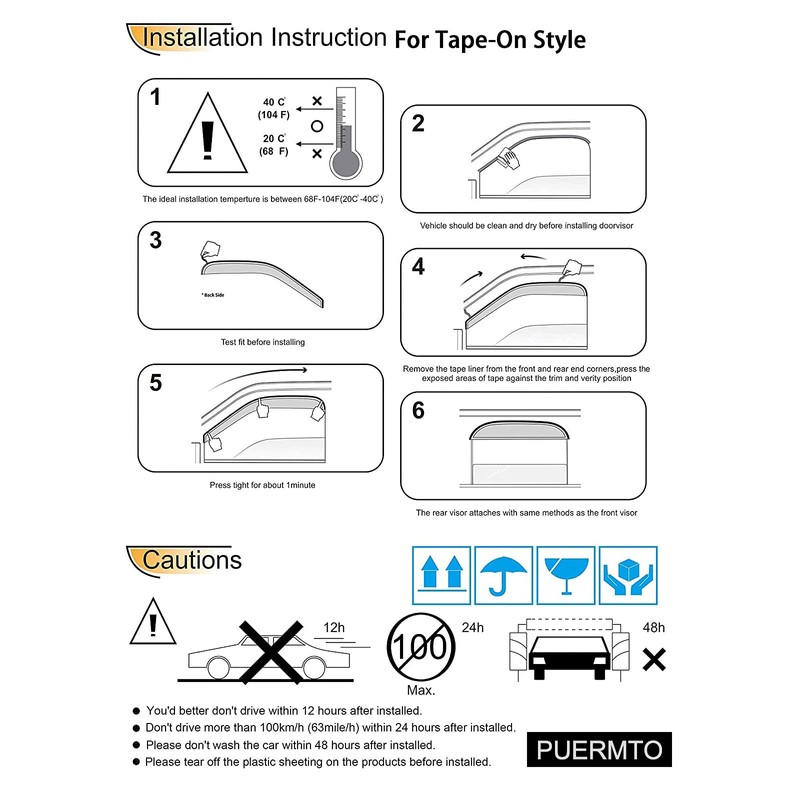 Puermto Side Window Wind Deflector, 2pcs Out-Channel Tape-On Dark Smoke