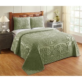 Elegant 100% Cotton 3 Piece Tufted Chenille Bedspread King Size Intricated Texture Fringe Borders | All Seasons Sage Green Western Bedding Aesthetic Look Luxury Coverlet Soft Cozy Plush Feel
