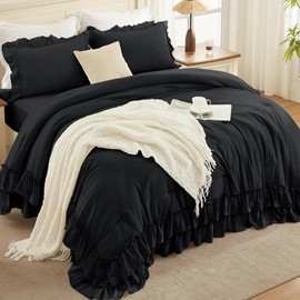 Andency Black Full Size Comforter Set(79x90Inch), 3 Pieces Fluffy Farmhouse Shabby Chic Bedding Comforter Sets, All Season Soft Lightweight Microfiber Bed Set