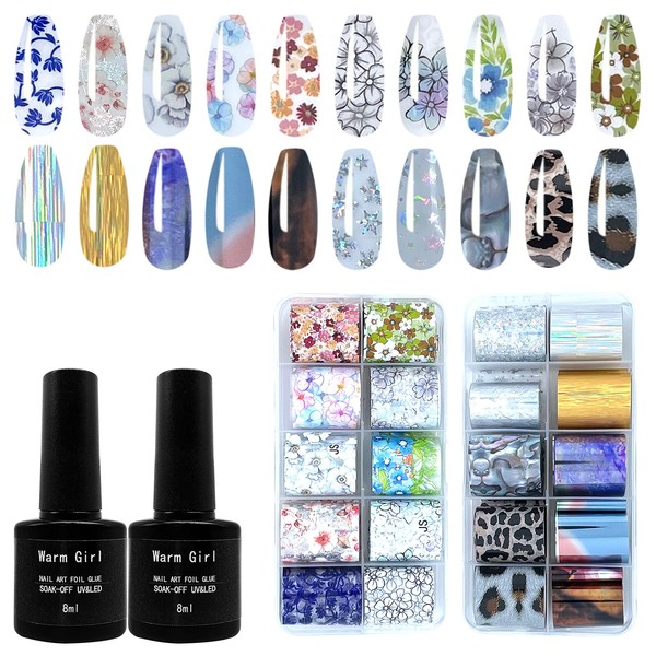 Warm Girl 20 Designs for Nail Art Foil Stickers with 2 x 8ml Gel Transfer Nail Stickers Transfer Foil Tool for Nail Decoration Manicure