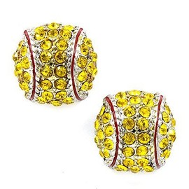 Softball Earrings Studs - Crystal Rhinestone Post Silver Bling Yellow Fastpitch 14mm Sport and Fashion 1 Pair by Kenz Laurenz