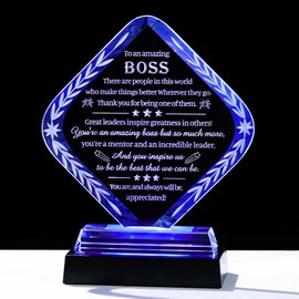 Movdyka Best Boss Gifts for Men Women Crystal Plaque Keepsakes with Colorful Light Base Great Boss Appreciation Thank You Farewell Retirement Gifts for Boss Day Birthday Office Decor