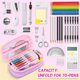 rockpapa Expandable Cute Pencil Case for Girls, Aesthetic Pencil Case with Compartments, Pencil Pouch with Zipper for Kids, Pencil Box Bag Holder Organizer for School Pink Purple