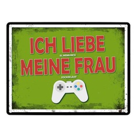 Metal Sign with Gamer Motif and Saying: Ich liebe es wenn mich meine Frau zocken lässt