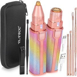 Facial Hair Removal for Women, Electric 2 in 1 Face Shaver and Eyebrow Trimmer, Ear Wax Removal Tool with Storage Box, Rechargeable Nose Hair Trimmer for Women with Built-in LED Light - Color: White